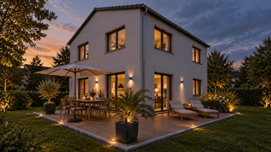 Fassade Sued_West Daemmerung Einfamilienhaus K�nigsbrunn